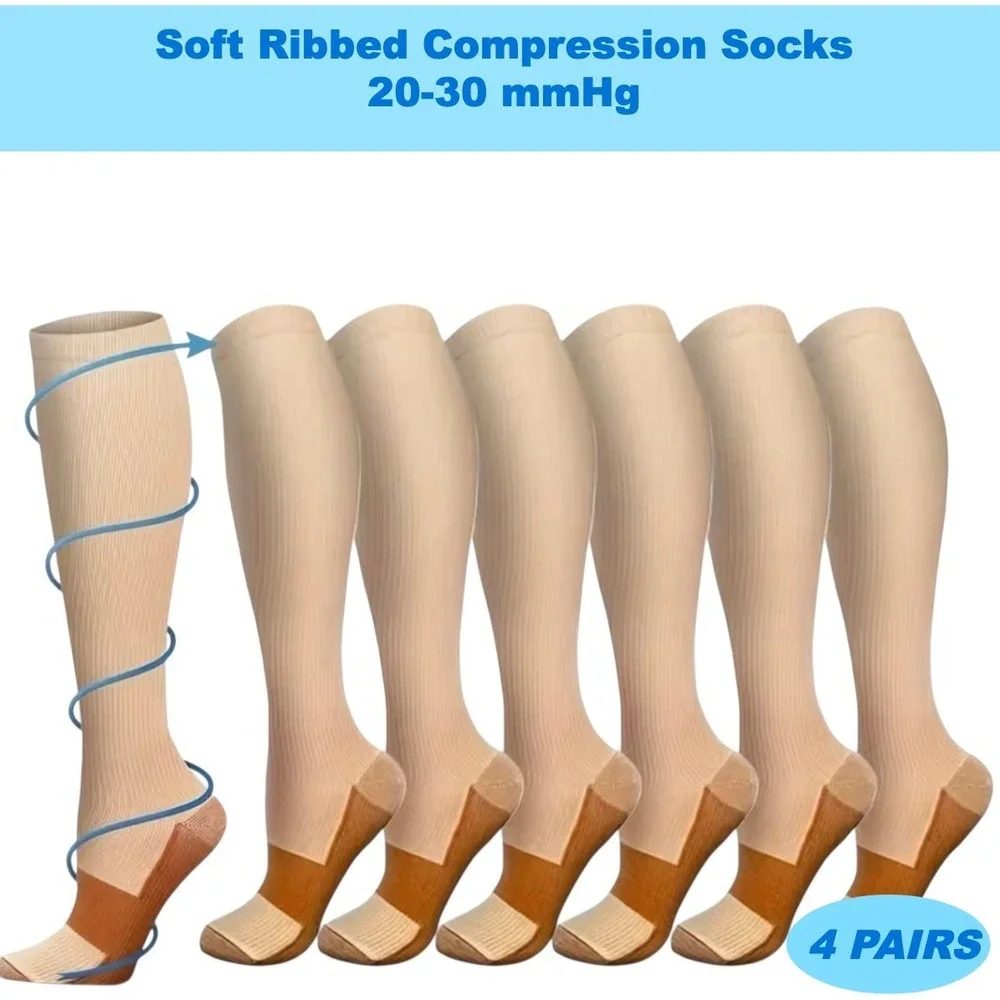 Unisex 20-30 mmHg Compression Socks L/XL Knee High Medical Beige Rib 4 Pack‎ NEW